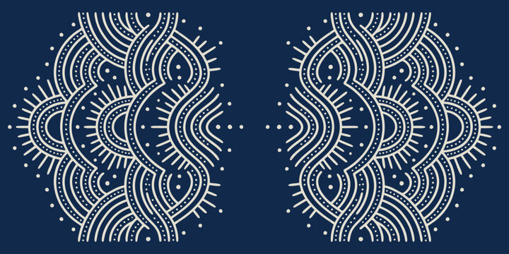 Hand drawn bohemian ethnic pattern with dots and wavy lines on blue background