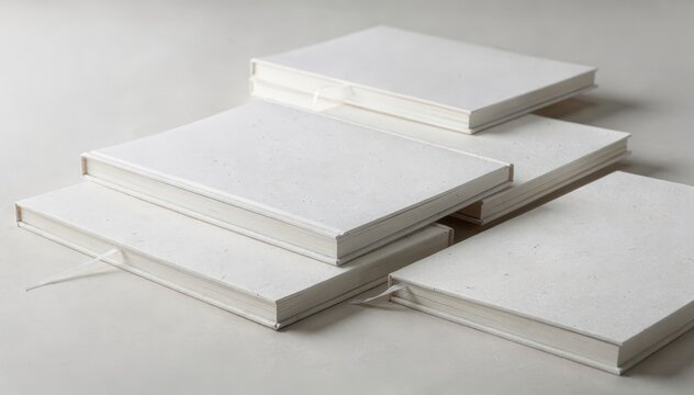 Medium shot capturing bright white recycled paper blankbooks with crisp edges highlighting the clean modern appeal of environmentally responsible materials.