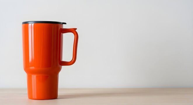 A vibrant orange plastic pitcher stands prominently on a light wooden surface showcasing its simple functional design and color