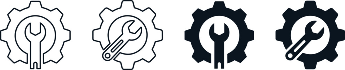 Fototapeta premium Gear and Wrench Settings Icon Set, Maintenance and Technical Support Symbols for Engineering and Repair Services