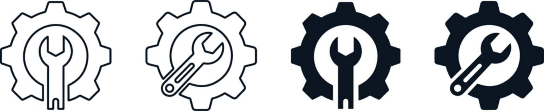 Gear and Wrench Settings Icon Set, Maintenance and Technical Support Symbols for Engineering and Repair Services