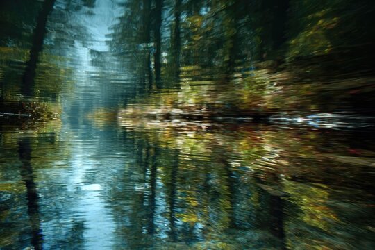 Distorted forest reflected in rippling water creates an abstract, dreamlike scene