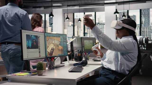 Woman engineer developing architectural layout with VR glasses, looking at apartment in cyberspace using interior design software. Employee creates 3D virtual assets, remodeling floor plan.