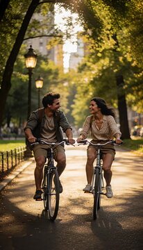 Happy couple bicycle park sunset romance outdoor city summer leisure nature joyful young adults riding through green urban paths at golden hour enjoying relaxed carefree date in warm natural light