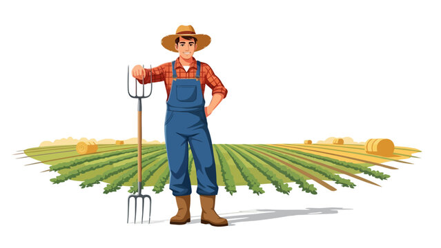 Farmer standing in field with pitchfork.