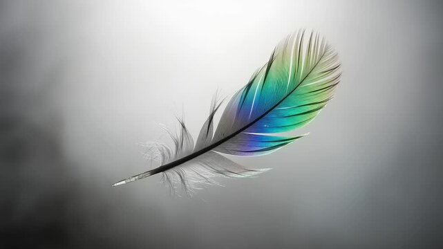A single elegant feather floating gracefully against a soft grey background.
