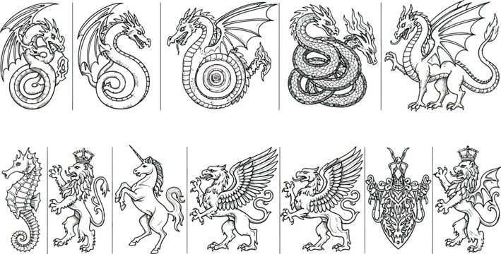 Vintage mythical creatures and heraldic animals illustration Vector