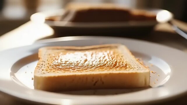 A single piece of toasted bread with melted butter on a white plate.