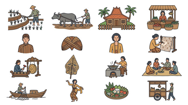 Central Java lifestyle icon set featuring farming, batik making, traditional clothing, market and village activities in clean flat and outline vector style.