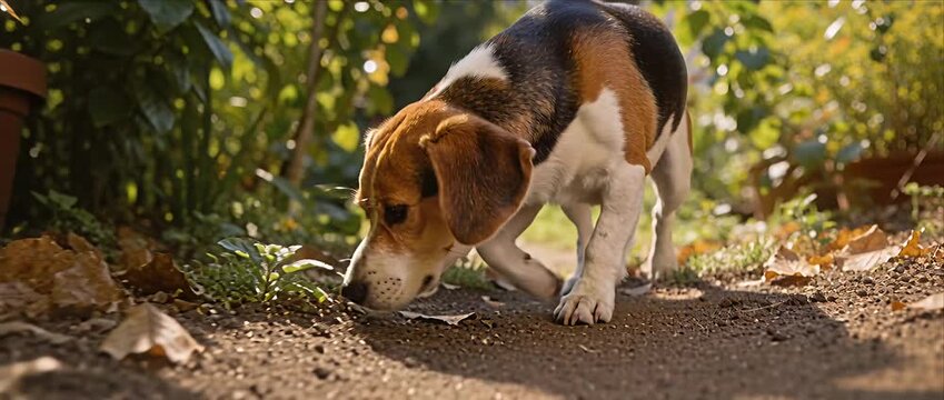 Curious beagle dog pet walking outdoor garden sniffing path autumn sunlight playful hound puppy sniff walk garden autumn foliage leaf nature scene peaceful moment relaxed mood nose tracking playful