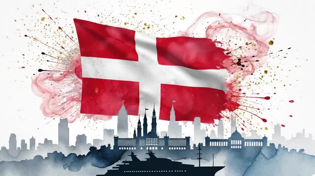 Dynamic Artistic Representation of Danish Flags with City Skyline Backgrounds Showcasing Valor and Patriotism in a Vibrant