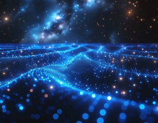 Obraz premium Abstract Blue Light Wave Particles in Space with Stars and Nebula.
