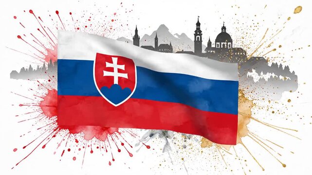 Dynamic collection of Slovak flag animations with vibrant splashes and cityscape silhouettes
