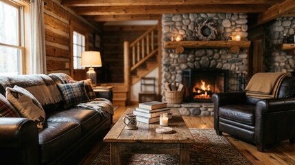 Naklejka premium Setting a rustic cabin for vacation guests highlighting a neatly arranged living area with a warm fireplace glowing subtly out of focus.