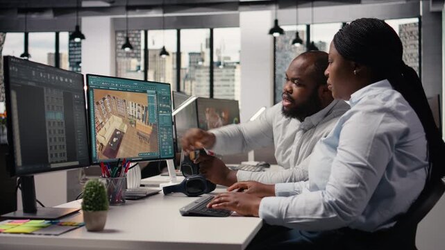 Team of designers developing digital 3D architecture model with virtual assets and software. Architect and worker uses interface to render apartment layout and prepare floor plan blueprints.