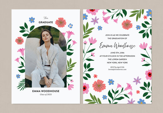 Floral Graduation Announcement & Party Invitation with Photo Template