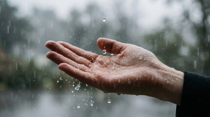 Fototapeta premium Hand outstretched to catch raindrops during a refreshing summer shower.