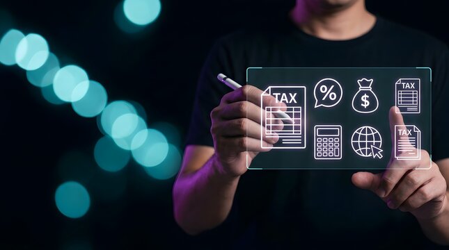 Businessman Hands Controlling Glowing White Tax Icons Representing Financial Planning