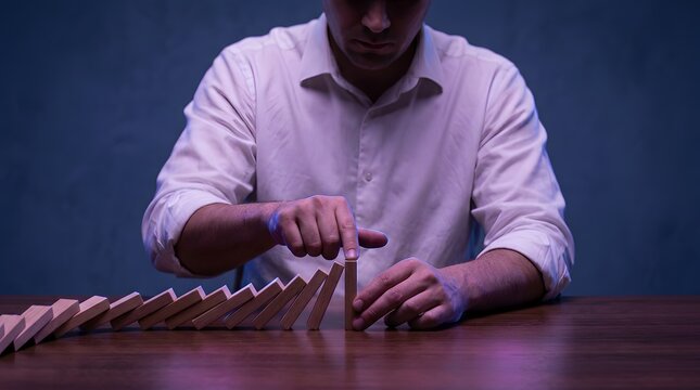 Businessman Intervening in a Domino Effect with Wooden Pieces Symbolizing Risk Management Strategy
