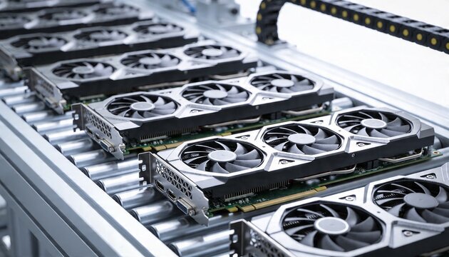 Multiple graphics processing units or video cards with cooling fans are arranged on a manufacturing conveyor system, hinting at mass production or a large computing setup.