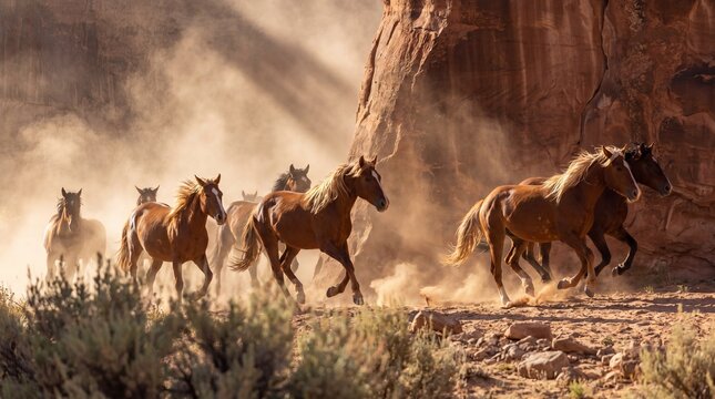 Wild horses galloping through a dusty desert landscape. Running mustangs in a canyon with red rocks and dramatic sunlight
