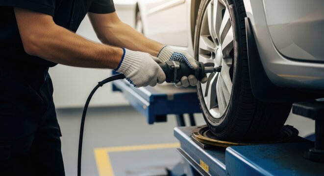 Mechanic in black shirt and gloves using an air tool on a car tire in a garage