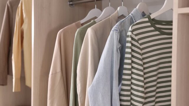 Woman putting hanger with shirt into wardrobe indoors, closeup