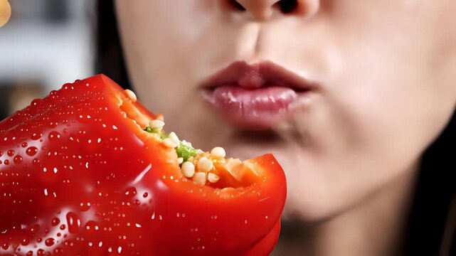 Closeup of a person biting into a juicy red bell pepper.