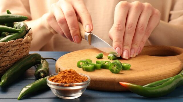 Woman cutting green chili pepper at table, closeup