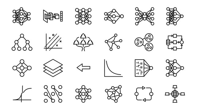 Vector Icons Set of Artificial Intelligence and Machine Learning Thin Line Icons. EPS Editable. Vector Illustrations.