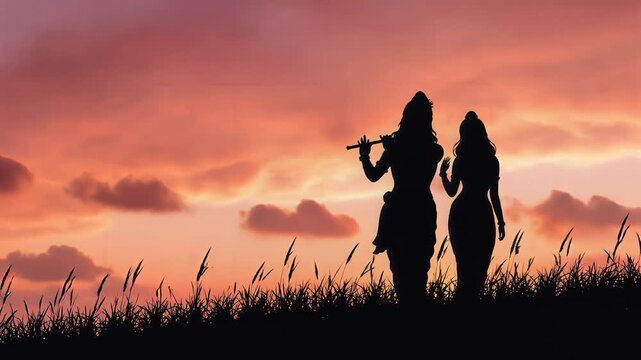 Radha and krishna silhouettes in a beautiful sunset field