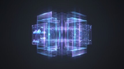 Obraz premium Abstract glowing transparent cube representing complex digital data analysis and artificial intelligence within a structured network environment for advanced computational processing.