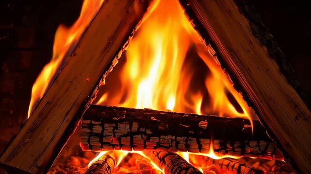 Mesmerizing close-up of a crackling campfire, radiating warmth and light with vivid orange and yellow flames dancing among burning logs and glowing embers