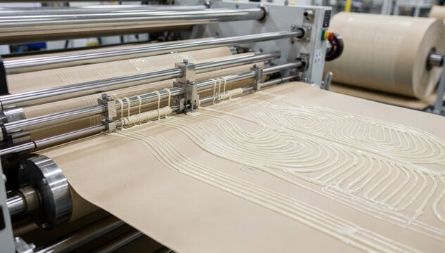 Professional equipment applying synthetic adhesive in detailed patterns on paperboard webs preparing for accurate web winding processes.