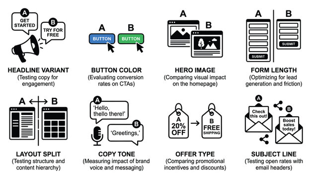 A B testing icons headline variant button color hero image form length layout split copy tone.