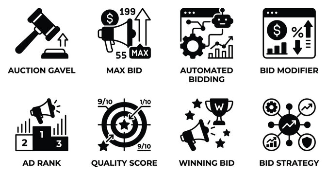 Auction gavel max bid automated bidding bid modifier ad rank quality score winning bid strategy.