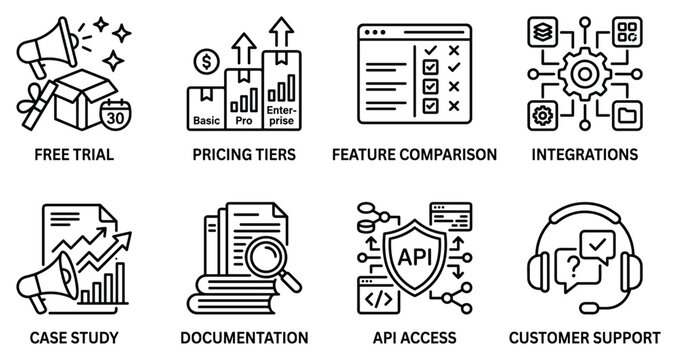 Business software icons free trial pricing tiers feature comparison integrations case study documentation api access.