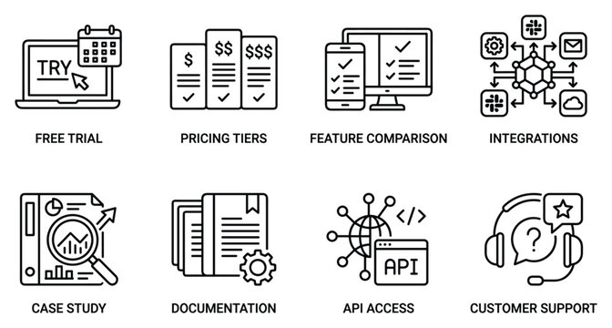 Business software icons free trial pricing tiers feature comparison integrations case study documentation api access.