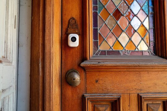 Old wooden door with decorative stained glass window and modern security camera