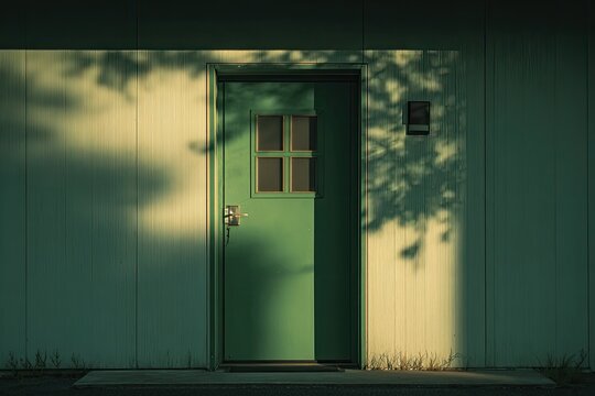 A plain green door with a small window in a light-colored wall, casting shadows
