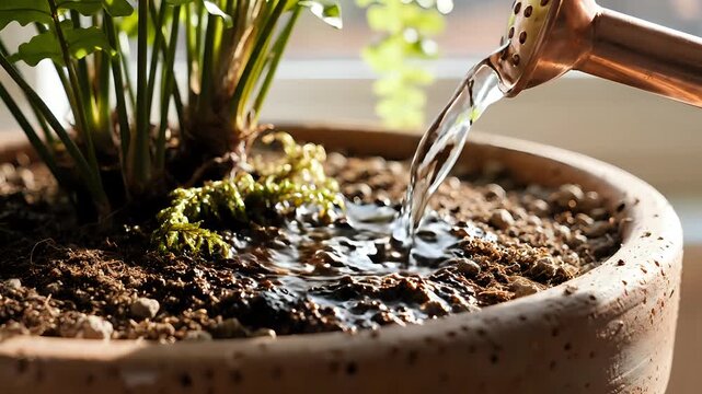Closeup of watering a potted plant with a copper watering can.