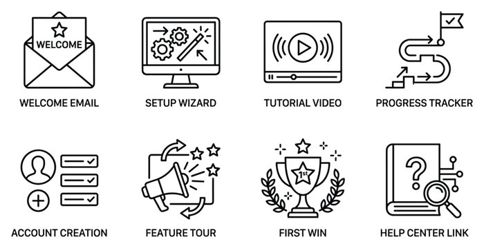 Customer onboarding and user engagement icons for software and digital product setup.