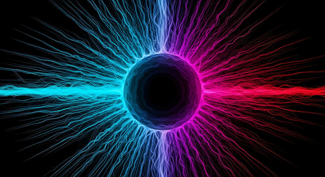 Abstract digital portal with blue and pink light rays radiating from a central dark circular sphere abstract background futuristic particles blackhole technology