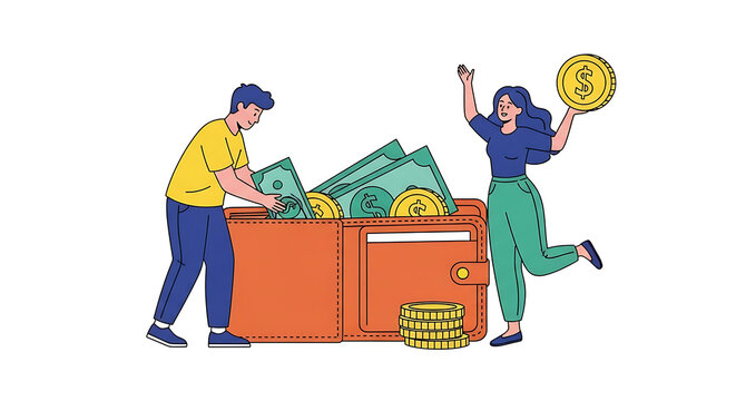 People collecting money from a large orange wallet representing financial management and savings with investment business currency spending management financial planning illustration shopping