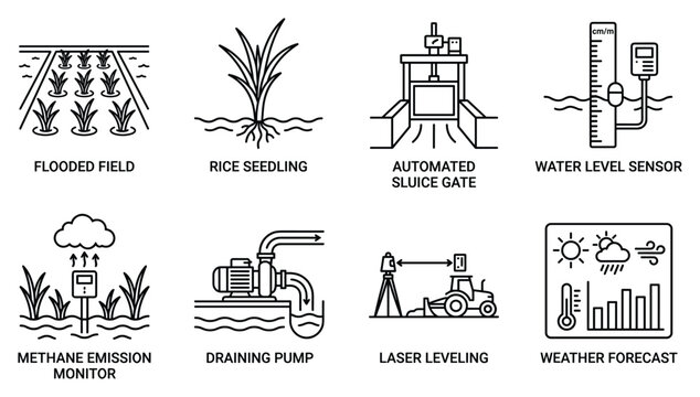 Flooded field rice seedling automated sluice gate water level sensor methane emission monitor draining.
