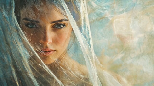 Close-up woman veiled in sheer fabric, outdoors, soft light