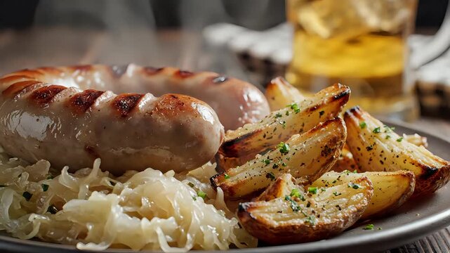 Delicious German Sausages with Sauerkraut and Roasted Potatoes Served with Beer.