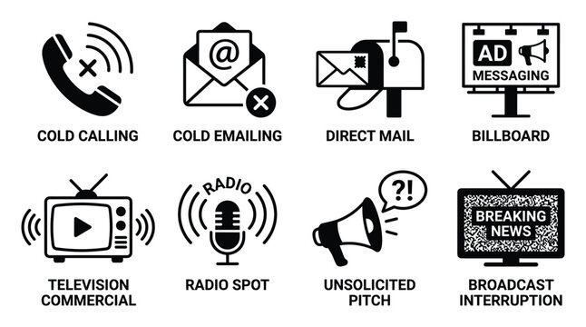 Marketing advertising methods icons cold calling email direct mail billboard television radio.