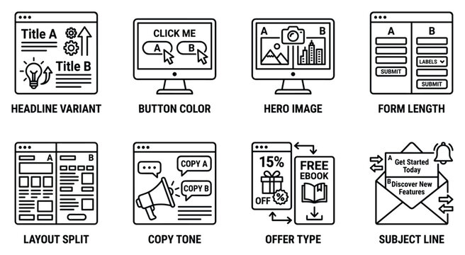 Online advertising A B testing elements headline variant button color hero image form length layout split copy.