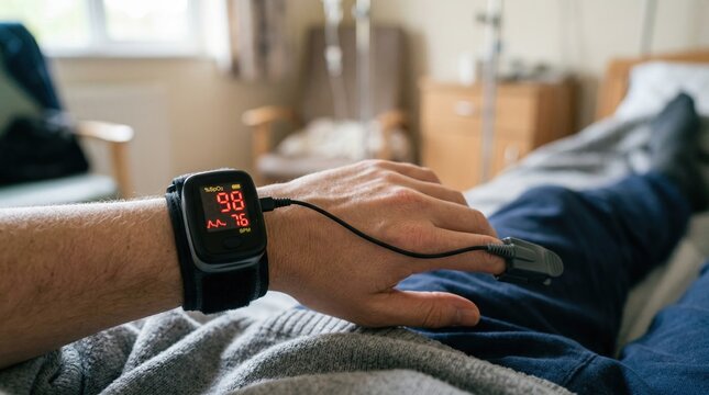 Medium shot of a wrist pulse oximeter gently wrapped on a persons finger focusing on the device screen while the surrounding room remains out of focus.